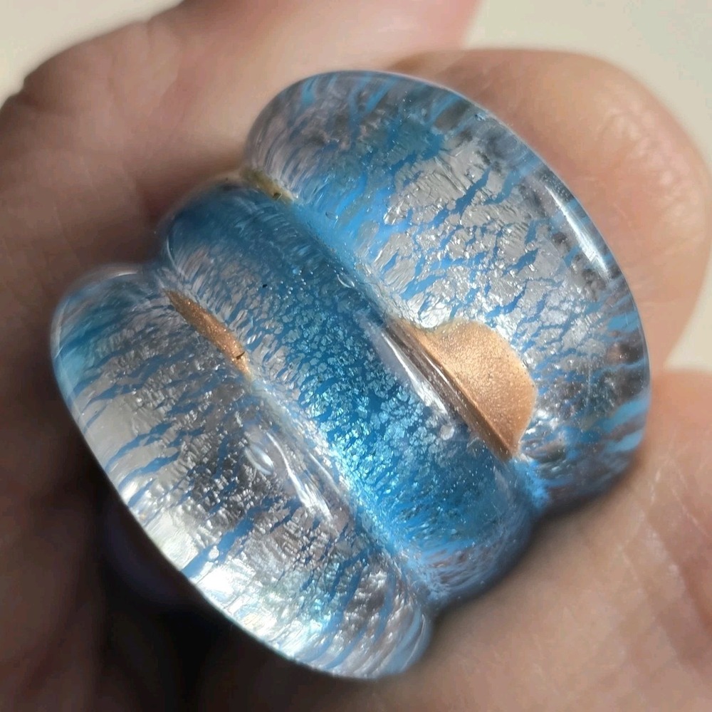Vintage Murano Glass Ring Blue & Silver Foil Wide Band Statement Ring Size 4.5 –